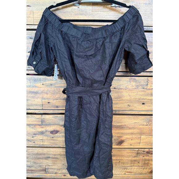 FRAME Off The Shoulder Dress Women's Large Black Linen Belted MSRP $375 - Picture 2 of 8